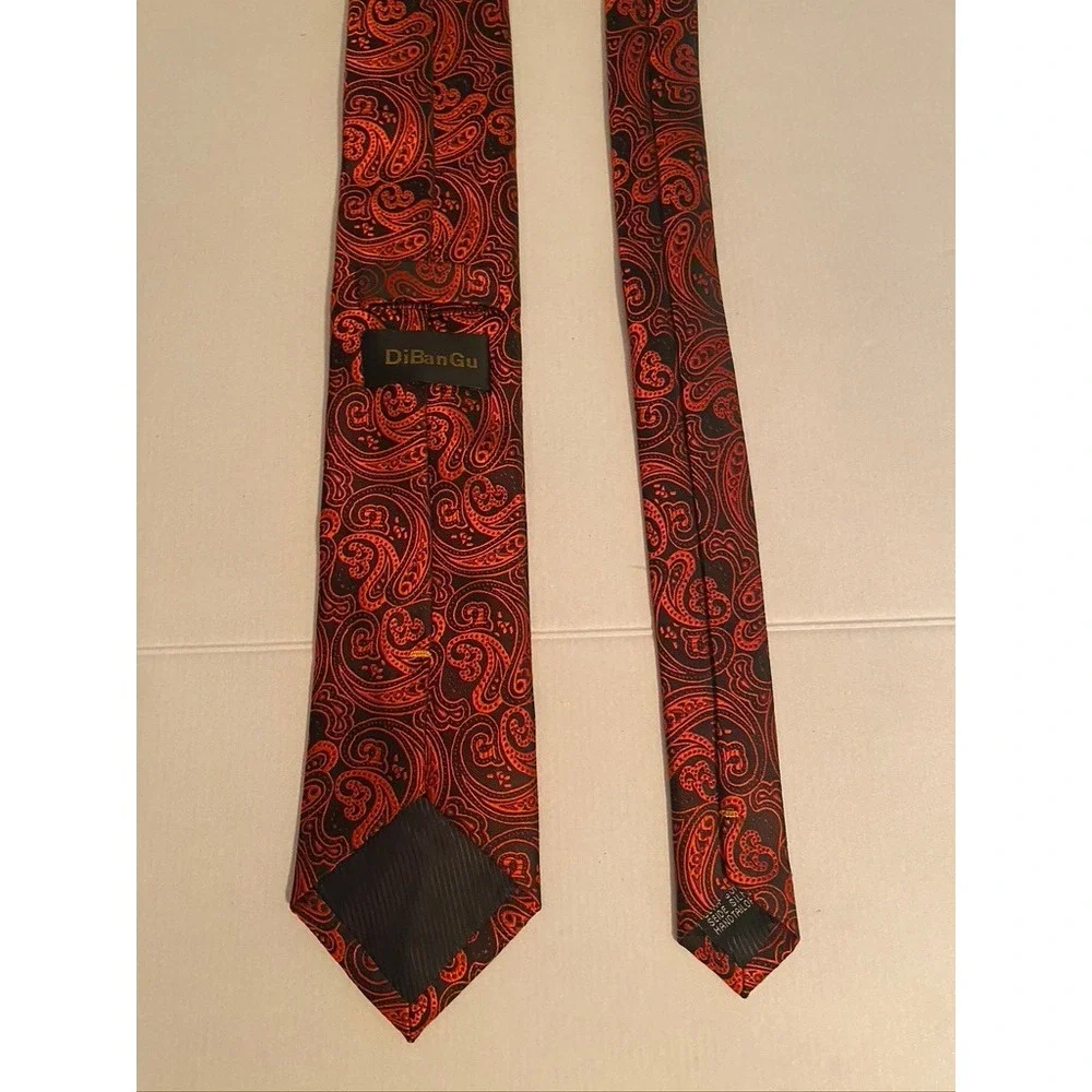 DiBanGu Mens Silk Necktie Orange Black Paisley Woven Hand Tailored Italian Style